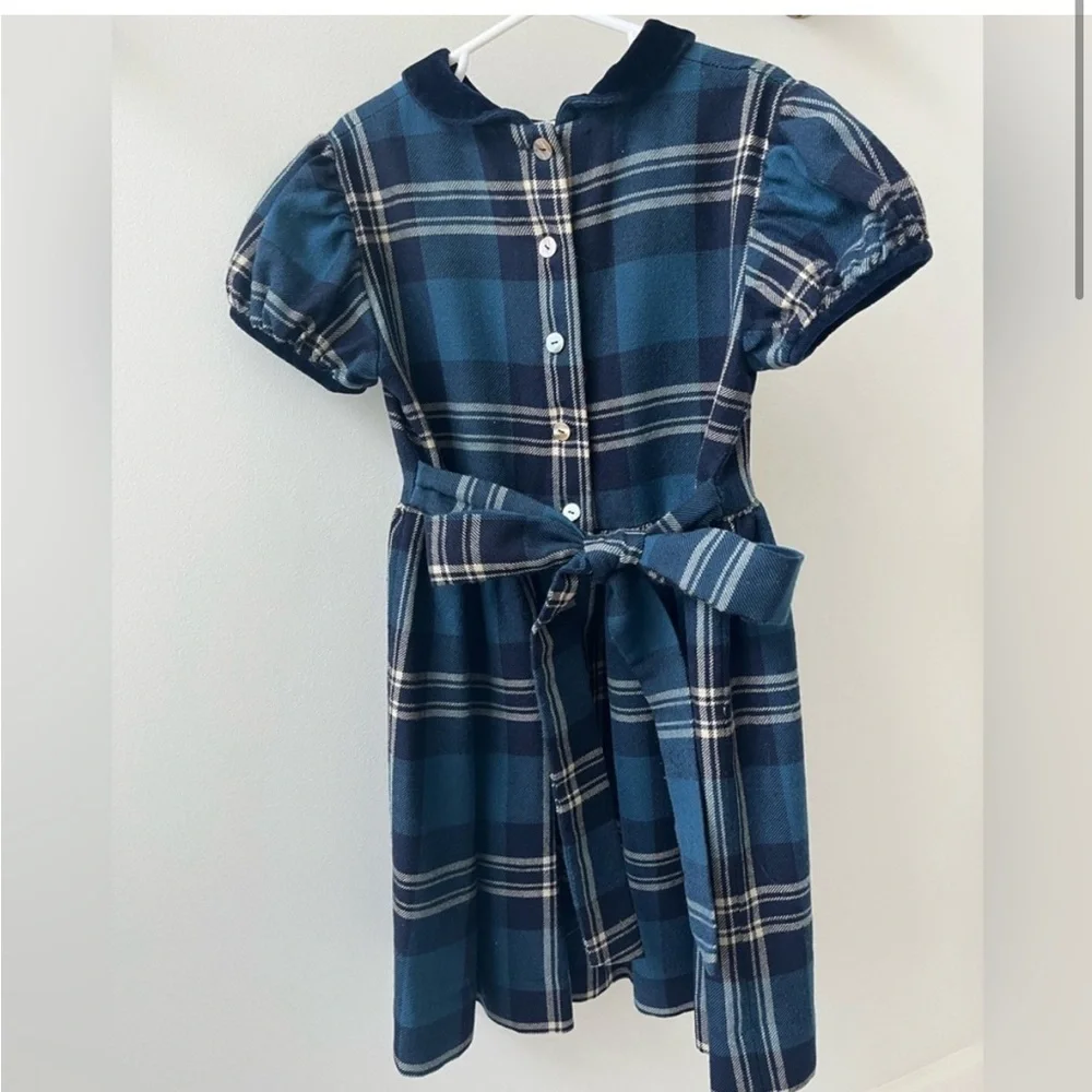 Papo d’Anjo girls’ blue navy wool plaid classic heirloom dress 8